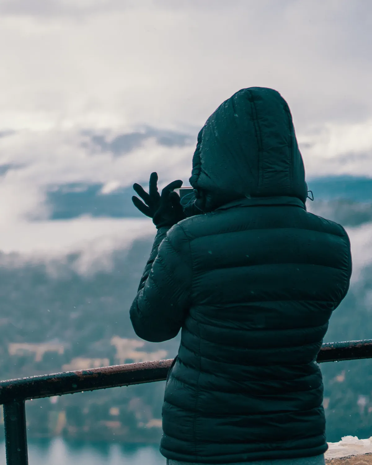 Rear view of a person in a dark teal hooded puffer jacket photographing misty mountains.