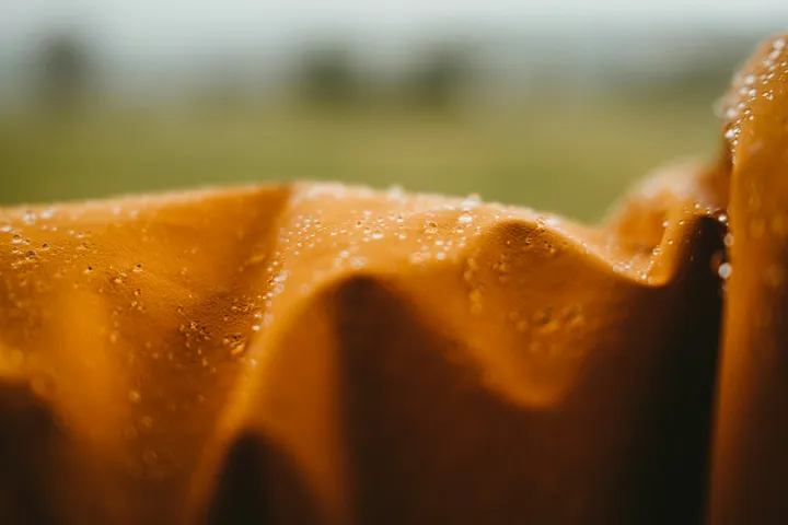 Close-up of water droplets beading on orange jacket fabric.